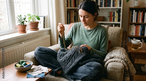 Woman Sitting in Armchair Mending Sweater at Home