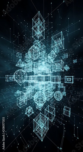 Glowing blue geometric shapes, futuristic technology background, neon circuit board, abstract digital design