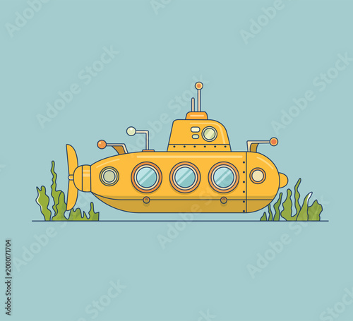 Yellow submarine on ocean Vector illustration in flat design style