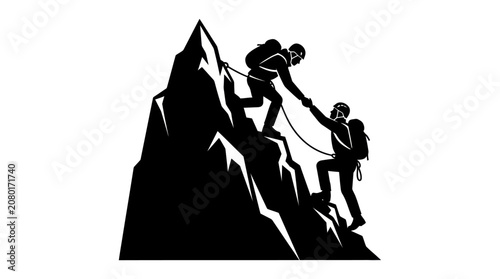 Schilderij op canvas Mountain Climbers Helping Each Other Ascend Peak Silhouette