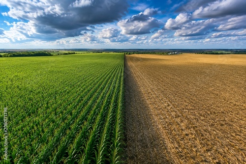 A vast field under a dramatic sky, a sharp line between green crops and harvested stalks.