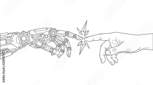Robotic and Human Hand Touch Line Art