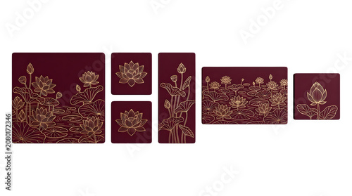 PNG elegant gold line art lotus flower set on deep burgundy backgrounds featuring pond scenes buds and lily pads in luxury botanical style isolated on transparent background