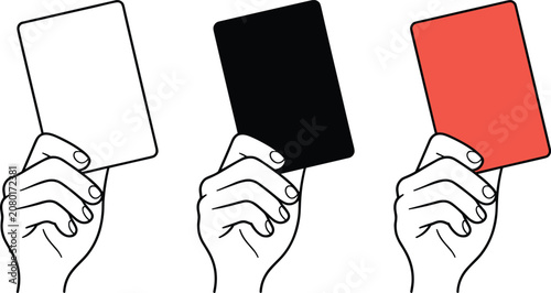 Tableau sur toile Professional minimalist line art of three hands holding white black and red penalty cards for sports foul judgment