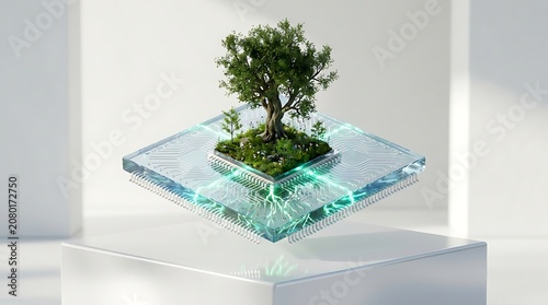 Tree growing on a computer chip with green energy flow