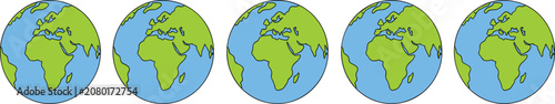 Fotografie Optimistic row of five identical earth globe icons presented on a bright white background for global awareness and unity