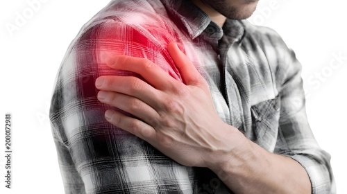 Man Holding Shoulder in Pain, Red Heat Visualization