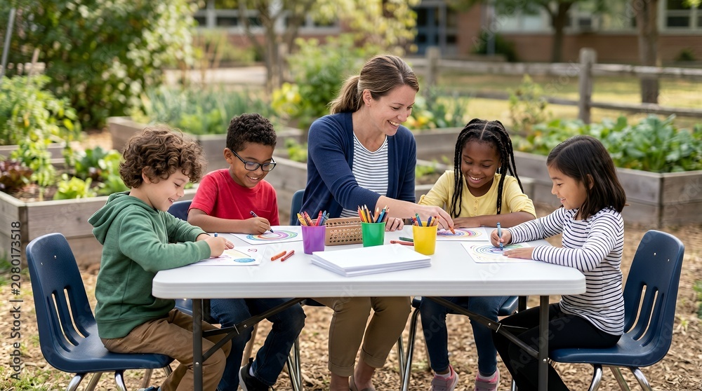Obraz premium A smiling female teacher guides four diverse young children as they draw and color at an outdoor table in a school garden setting.