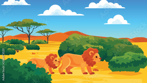 Photography cartoon lions walking on Safari desert wilderness backdrop with acacia trees and