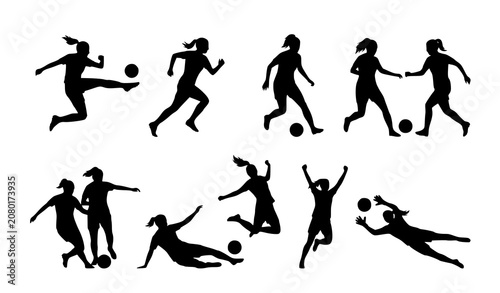 Bild auf Leinwand Premium women soccer player silhouette bundle isolated vector set