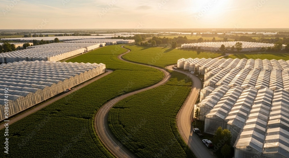 Fototapeta premium Expansive greenhouse farming complex at sunset showcasing modern agricultural production and growth