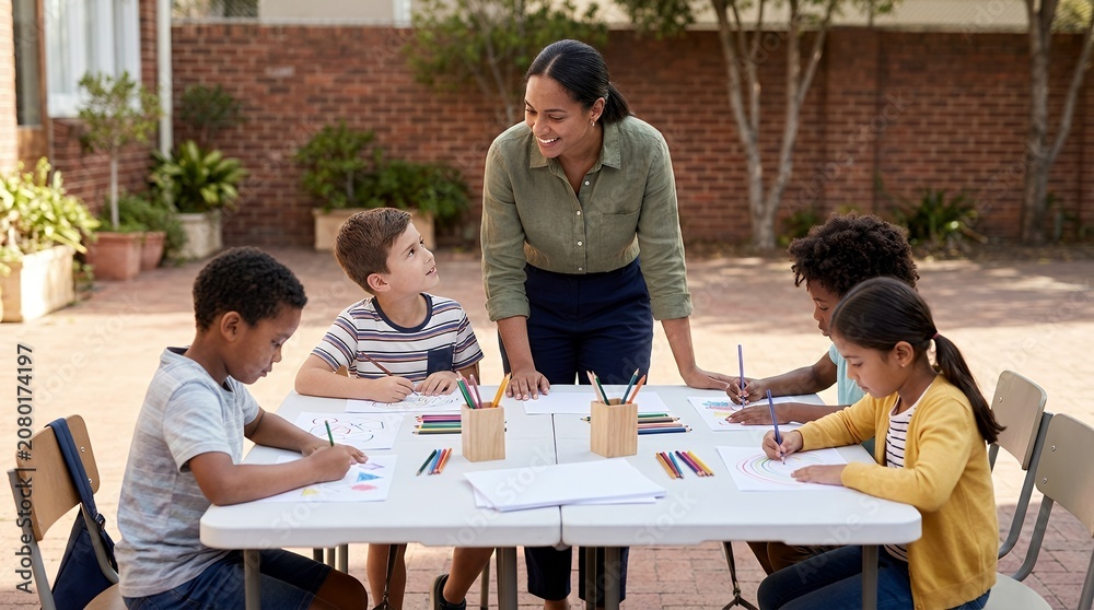 Fototapeta premium A diverse group of young children drawing and coloring with their smiling teacher outdoors during a creative activity.