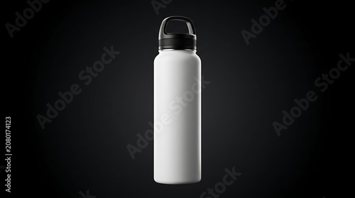 Isolated white reusable metal thermos bottle with black cap on dark background hydration hydration and fitness gear