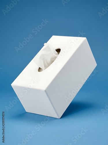 Isolated white rectangular tissue box with paper napkin pulling out on a blue background for hygiene and home care