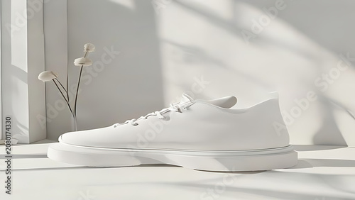 Isolated white sneaker profile view on clean surface with subtle shadows and dried floral decor for footwear marketing