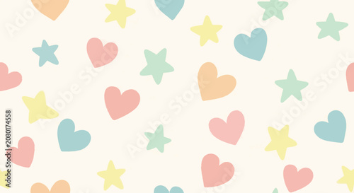 Colorful hearts and stars pattern background.