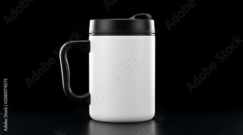 Isolated white stainless steel thermos mug with black handle and lid for hot beverages mockup branding template design