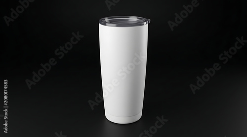 Isolated white stainless steel tumbler with lid for beverage branding mockup on dark background for marketing
