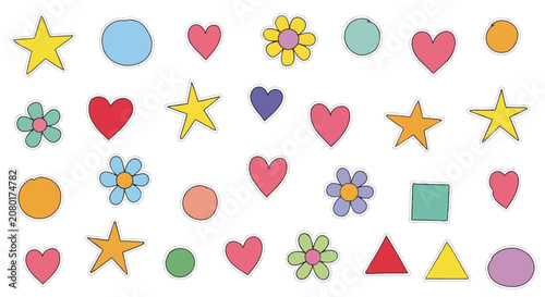 Colorful stickers of various shapes and flowers.