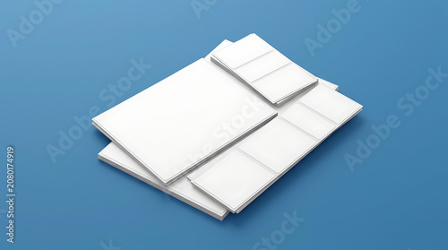Isometric view of stacked blank shipping labels or paper sheets on a blue background for logistics and fulfillment