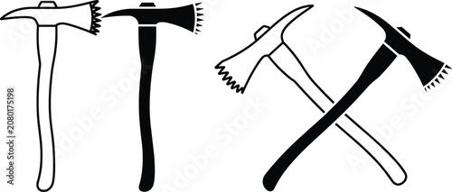 Foto Graphic set of professional black and white firefighter axe icons with flat lighting, conveying strength for rescue services