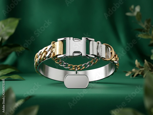 Luxury metal dog collar with heavy curb chain and identification tag on green draped fabric for pet boutique advertising