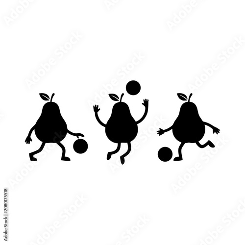 Cute pear fruit characters playing basketball and soccer isolated on white background