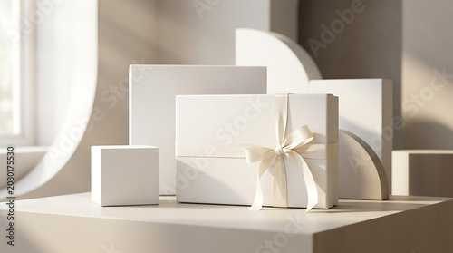 Luxury white gift box with elegant silk ribbon bow on geometric platform for premium product display and holiday sales