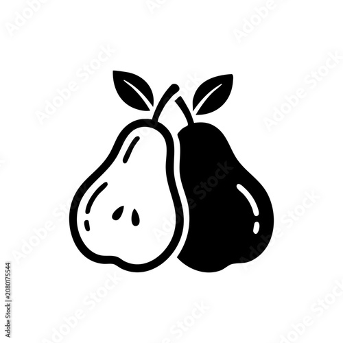 Fresh whole and half cut pear fruit silhouette isolated on white background