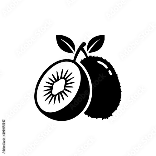 Fresh whole and half cut kiwi fruit silhouette isolated on white background