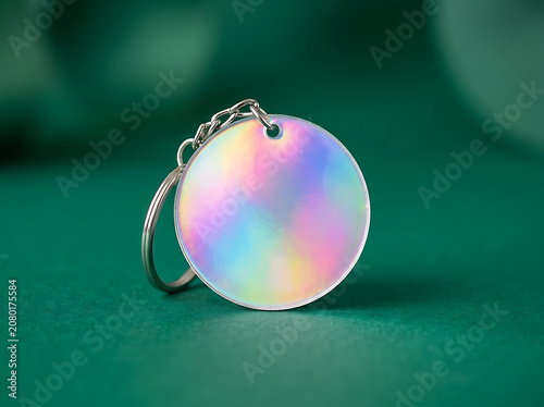 Round holographic acrylic keychain mockup with metal ring on green background for promotional branding and merchandise