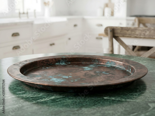 Rustic hammered copper serving platter with aged verdigris patina on a dark green marble table in a bright kitchen