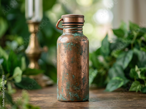 Rustic copper water flask with weathered patina finish on wooden surface featuring vintage home interior background