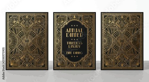 Art deco style annual dinner invitation set with geometric gold patterns