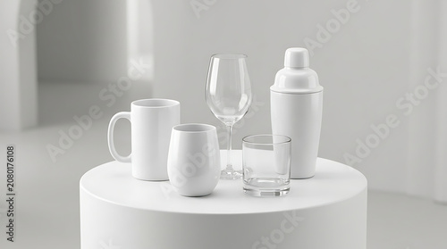 Set of matte white beverage containers including cocktail shaker wine glass mug and tumbler on round podium for branding