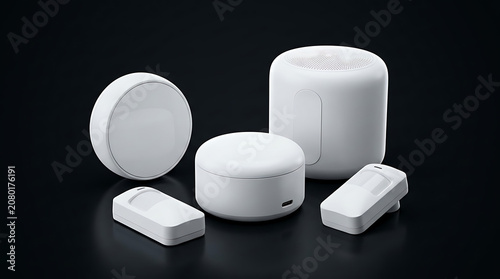 Set of modern smart home devices for home automation and security systems on dark surface for internet of things technology