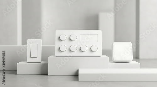 Set of modern white light switches and electronic controls arranged on display platforms for home automation systems