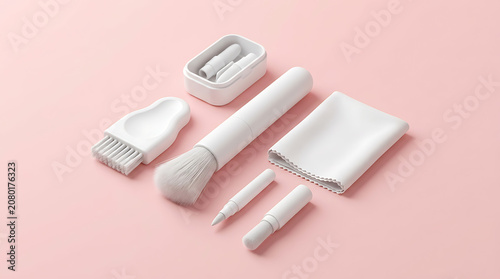 Set of white electronic cleaning tools including brush pen and cloth on soft pink background for tech device maintenance