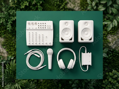 Set of white music audio production equipment including mixing console studio monitors headphones microphone and cables