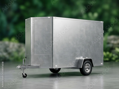 Silver metal enclosed cargo trailer parked on concrete with blurred forest background for hauling logistics and utility transport