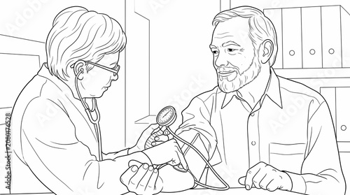 A detailed, black and white line art illustration showing a healthcare professional using a sphygmomanometer and stethoscope to check a patient's blood pressure. 