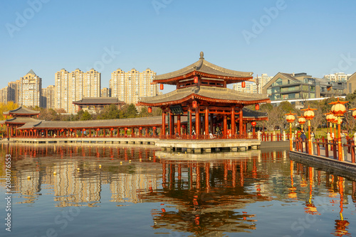 Beautiful view of Tang Paradise park and lake at twilight in Xi'an, China.