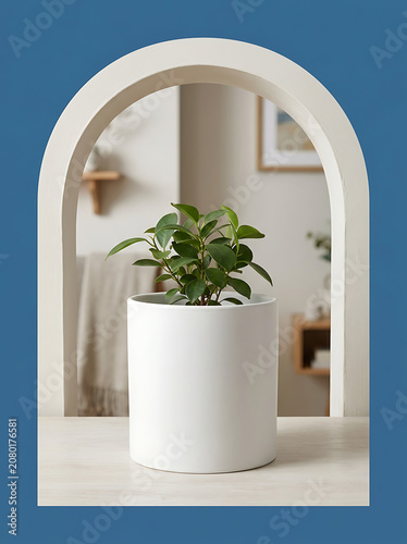 Small green houseplant in white ceramic pot framed by an elegant archway interior decor and botanical home styling elements