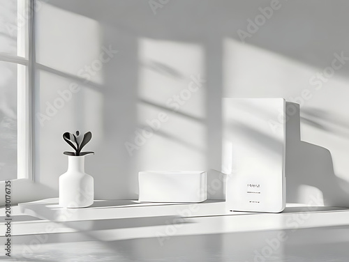 smart home hub device on table in minimalist modern room interior with natural sunlight shadows for technology automation