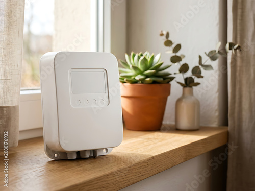Smart irrigation controller device on wooden windowsill with succulent plant representing home automation and water management