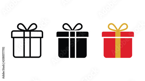 Gift box icon set with ribbon bow, present and holiday celebration vector illustration