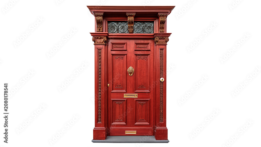 Obraz premium Classic vintage red wooden door with ornate panels isolated on transparent background