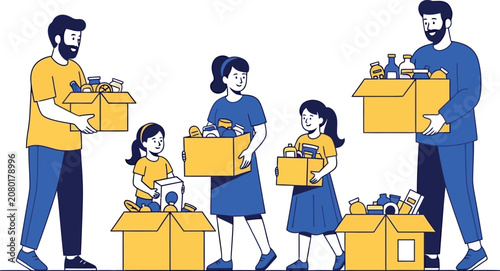 Volunteers and Family Packing Food Donation Boxes Vector Illustration; Happy Adults and Children Sorting Groceries for Charity, Humanitarian Aid, Community Service, and Food Drive Campaigns