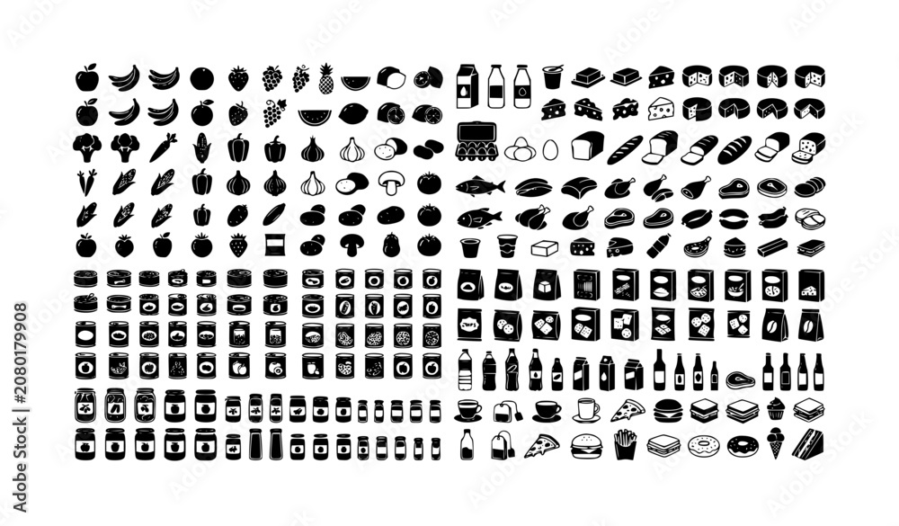 Fototapeta premium Grocery essentials icon bundle black and white vector