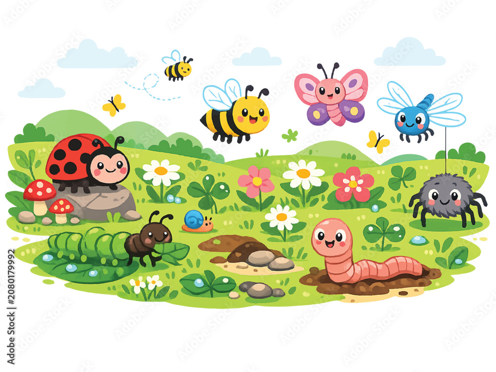 Naklejka premium Print Cute Cartoon Insects in Sunny Meadow Landscape for Kids – Ladybug, Bee, Butterfly, Caterpillar, Ant and Dragonfly Nature Vector Background